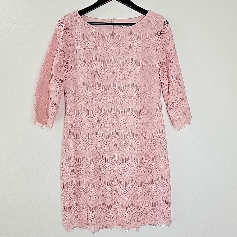 Jessica H Pink Lace Dress 3/4 Sleeve Lined Zipper Back Womens Size 10 Elegant